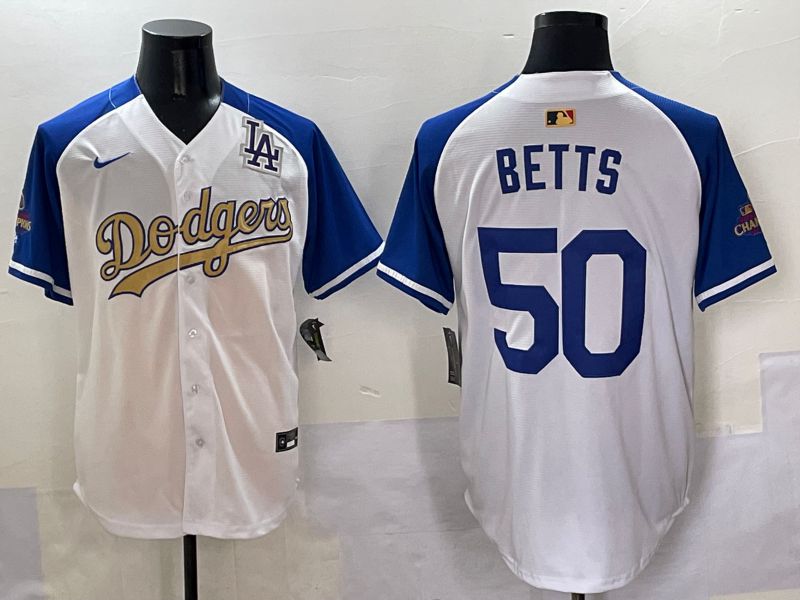 Men Los Angeles Dodgers 50 Betts White Blue Champion gold character Nike 2025 MLB Jersey style 5058